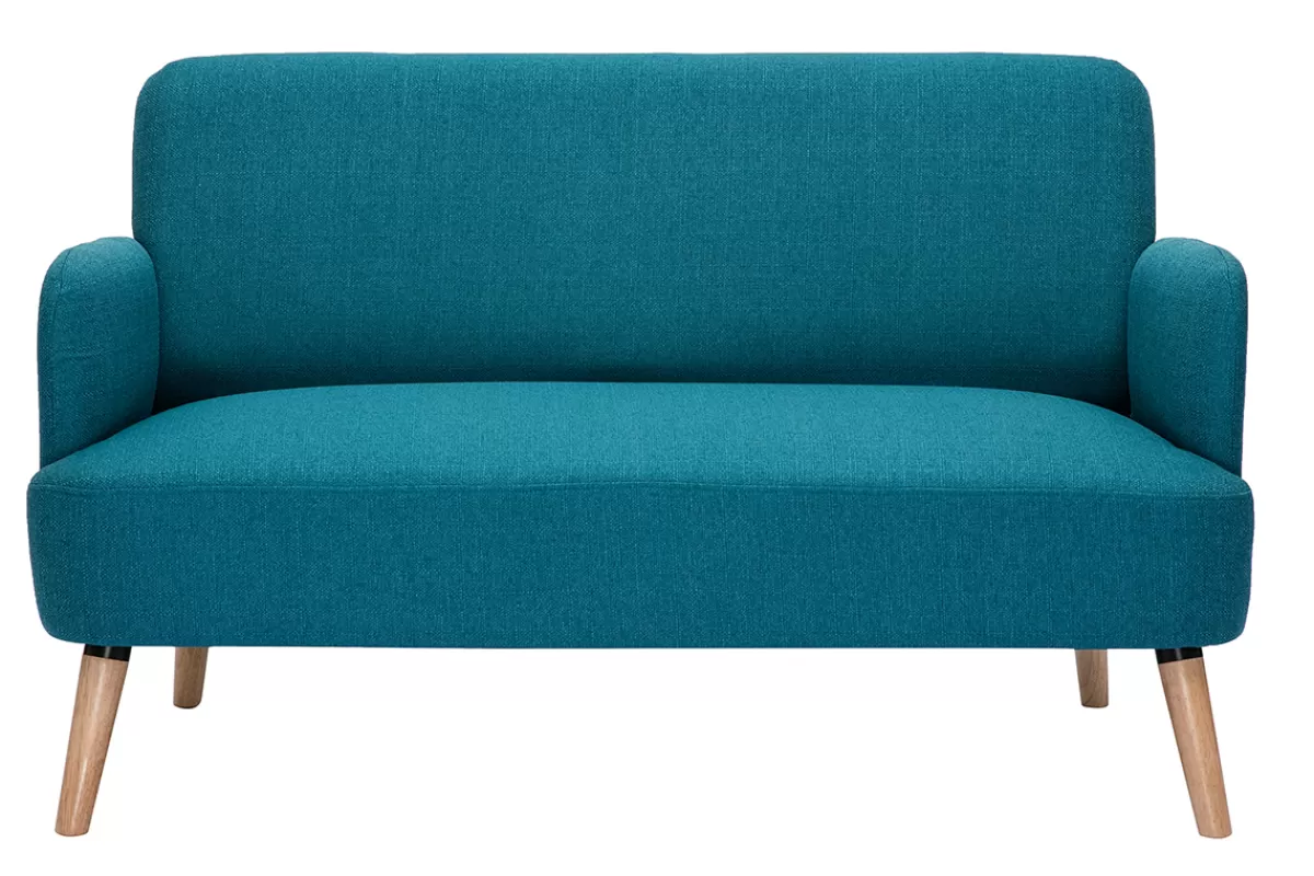 Miliboo Sofá De Diseño-Sofá nórdico 2 plazas de tela azul petróleo y madera clara ISKO