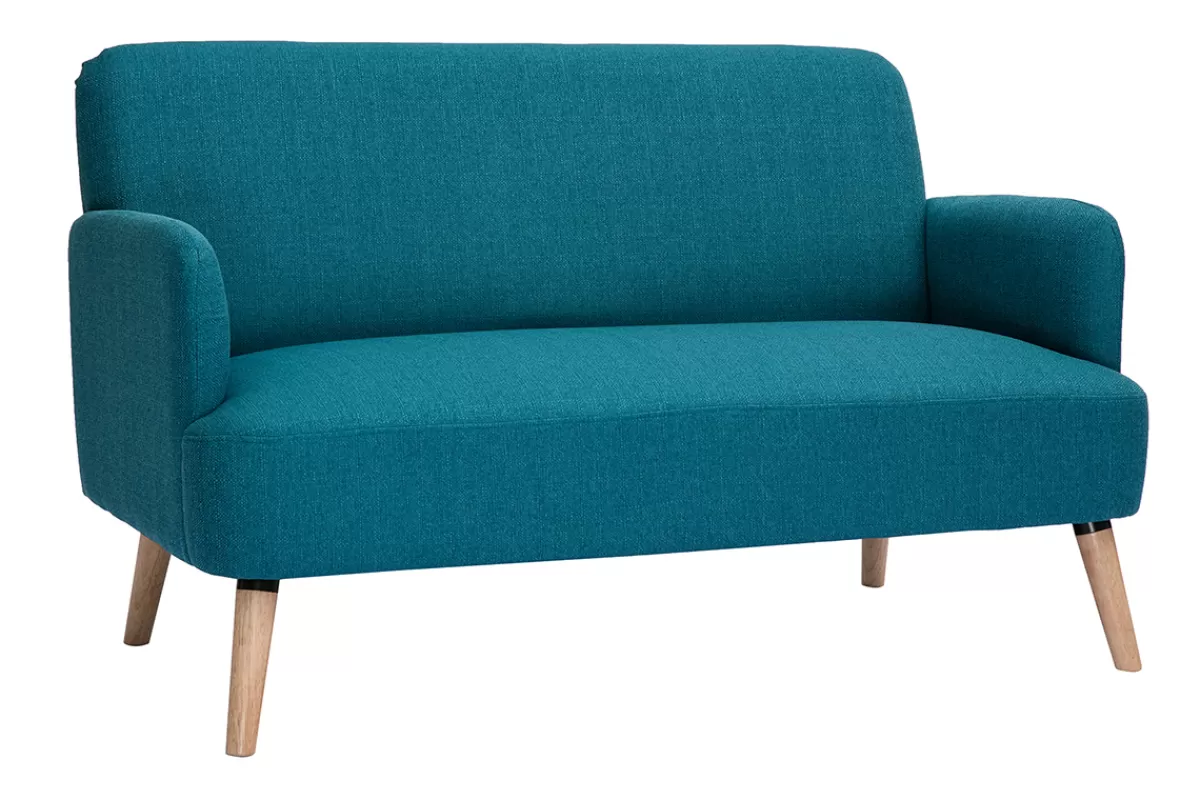 Miliboo Sofá De Diseño-Sofá nórdico 2 plazas de tela azul petróleo y madera clara ISKO