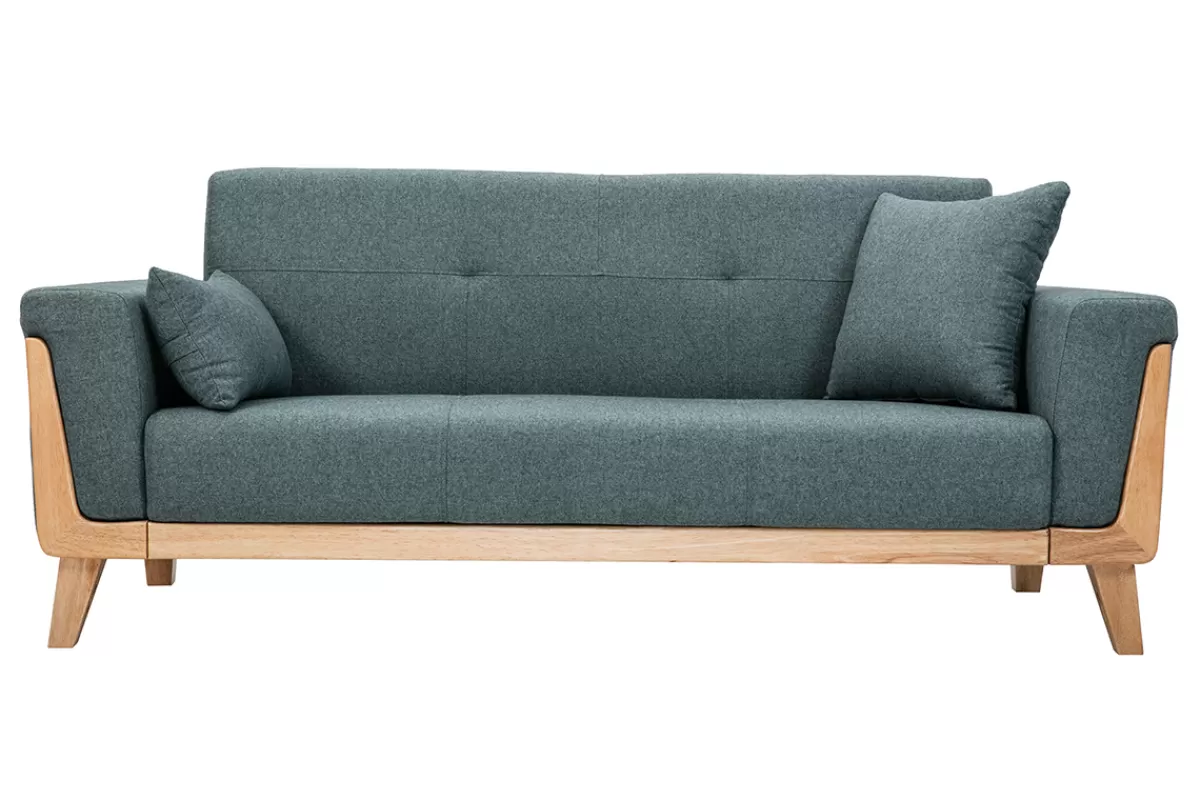 Miliboo Sofá De Diseño-Sofá nórdico 3 plazas de tela verde grisáceo y madera clara FJORD
