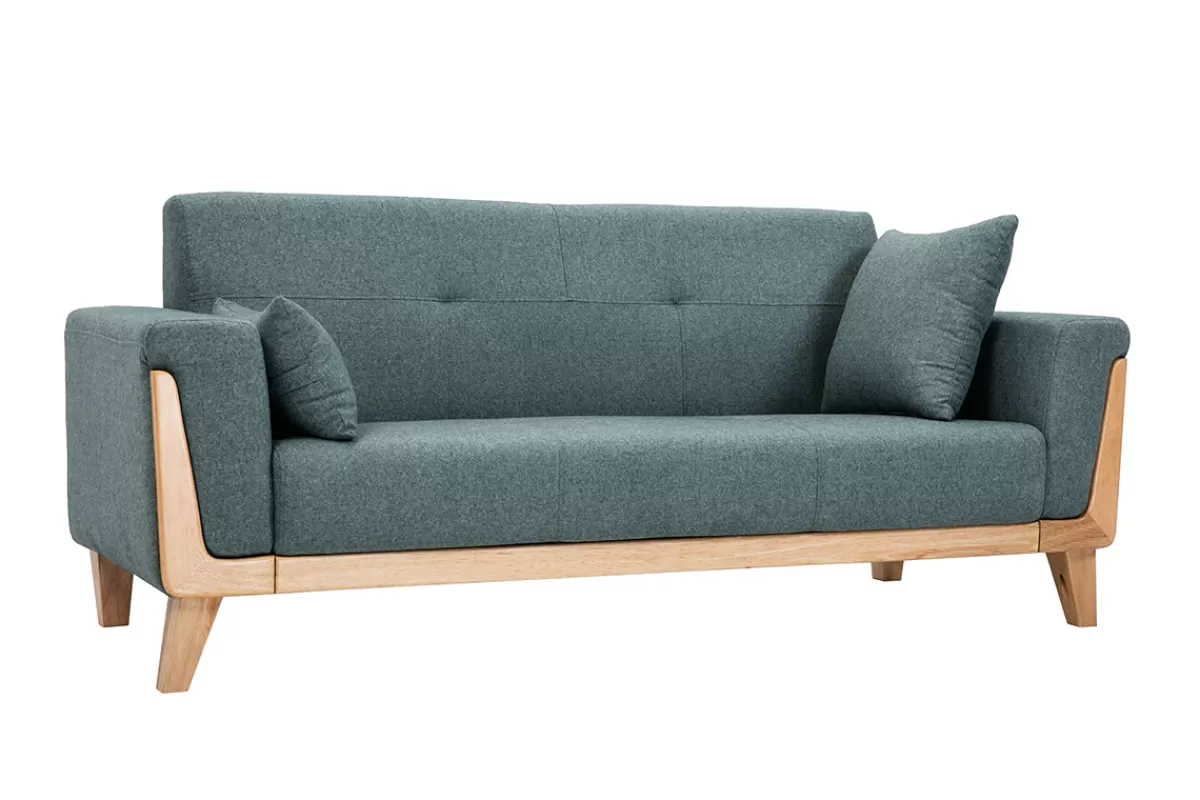 Miliboo Sofá De Diseño-Sofá nórdico 3 plazas de tela verde grisáceo y madera clara FJORD