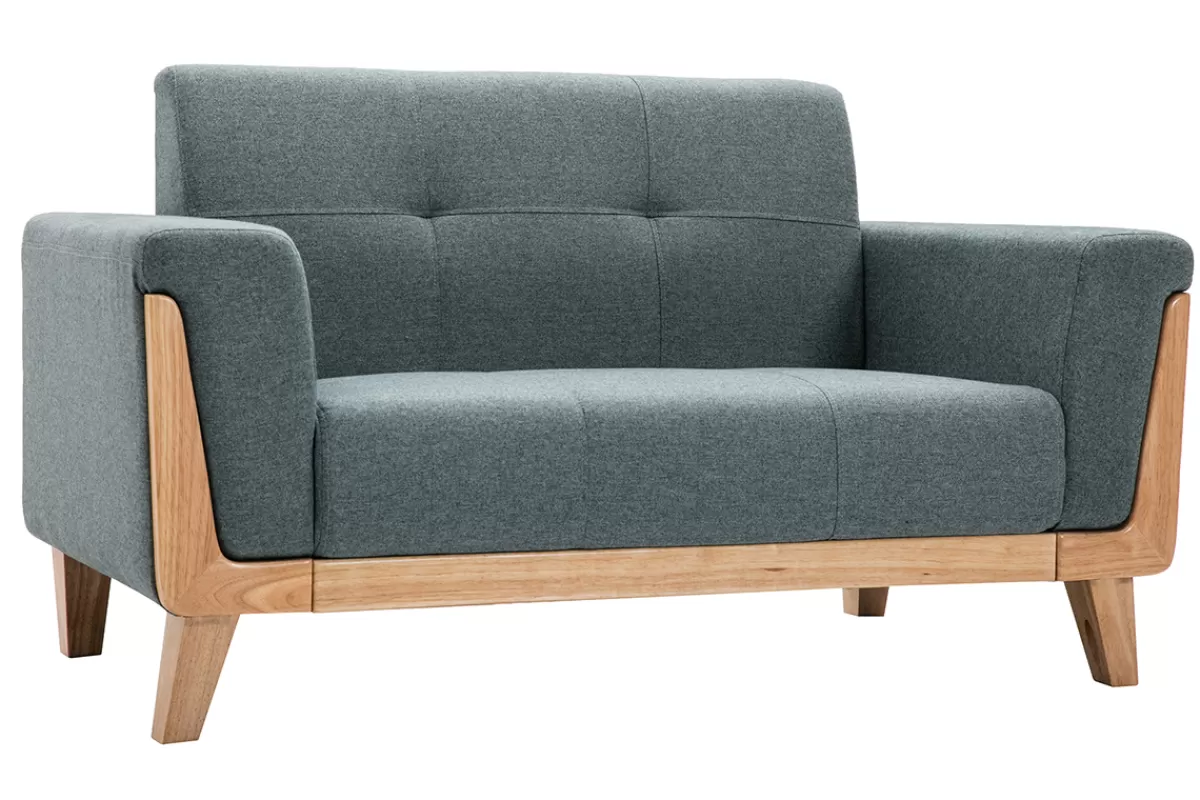 Miliboo Sofá De Diseño-Sofá nórdico 2 plazas de tela verde grisáceo y madera clara FJORD