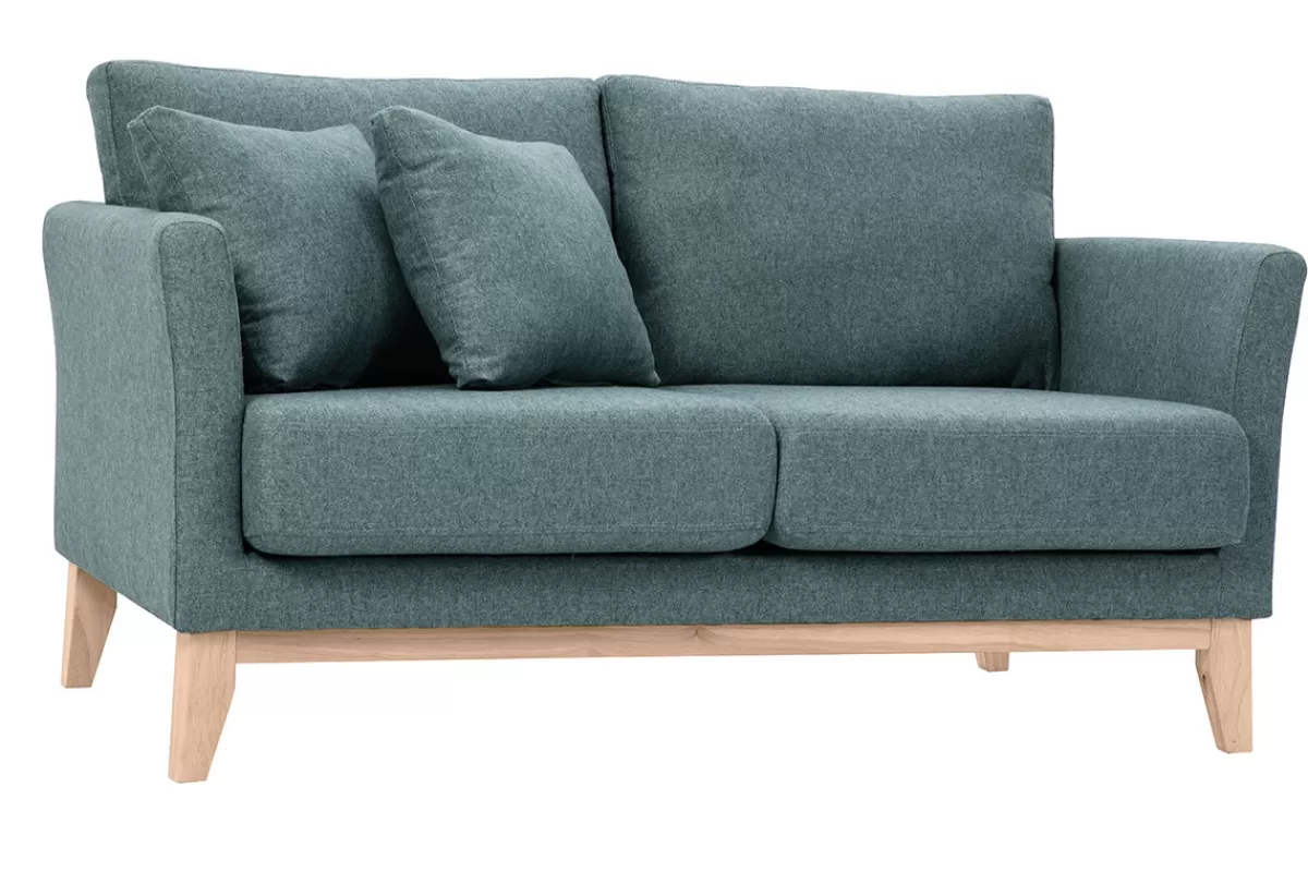 Miliboo Sofá De Diseño-Sofá nórdico 2 plazas desenfundable de tela efecto aterciopelado verde grisáceo y madera clara OSLO