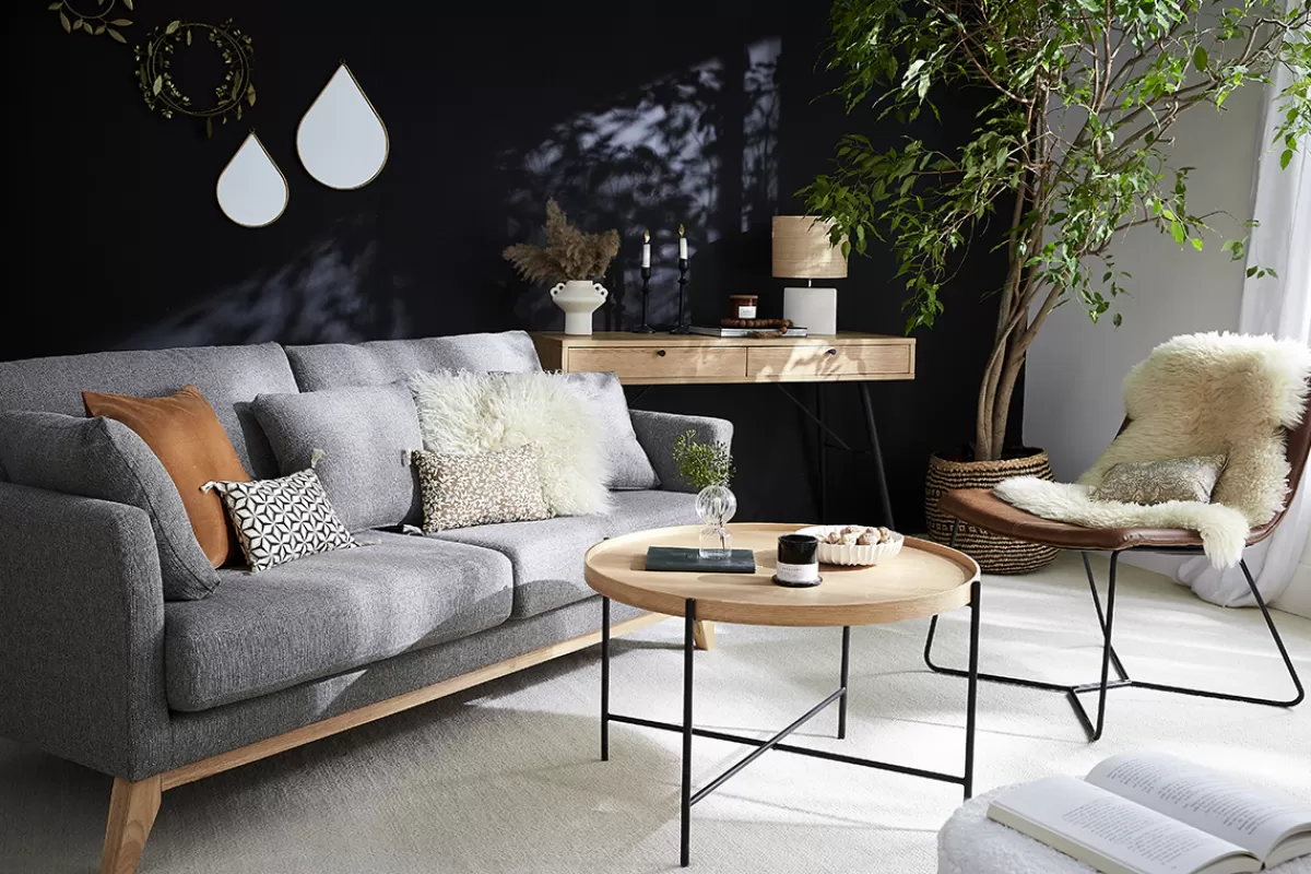 Miliboo Sofá De Diseño-Sofá nórdico 3 plazas gris oscuro desenfundable patas madera OSLO