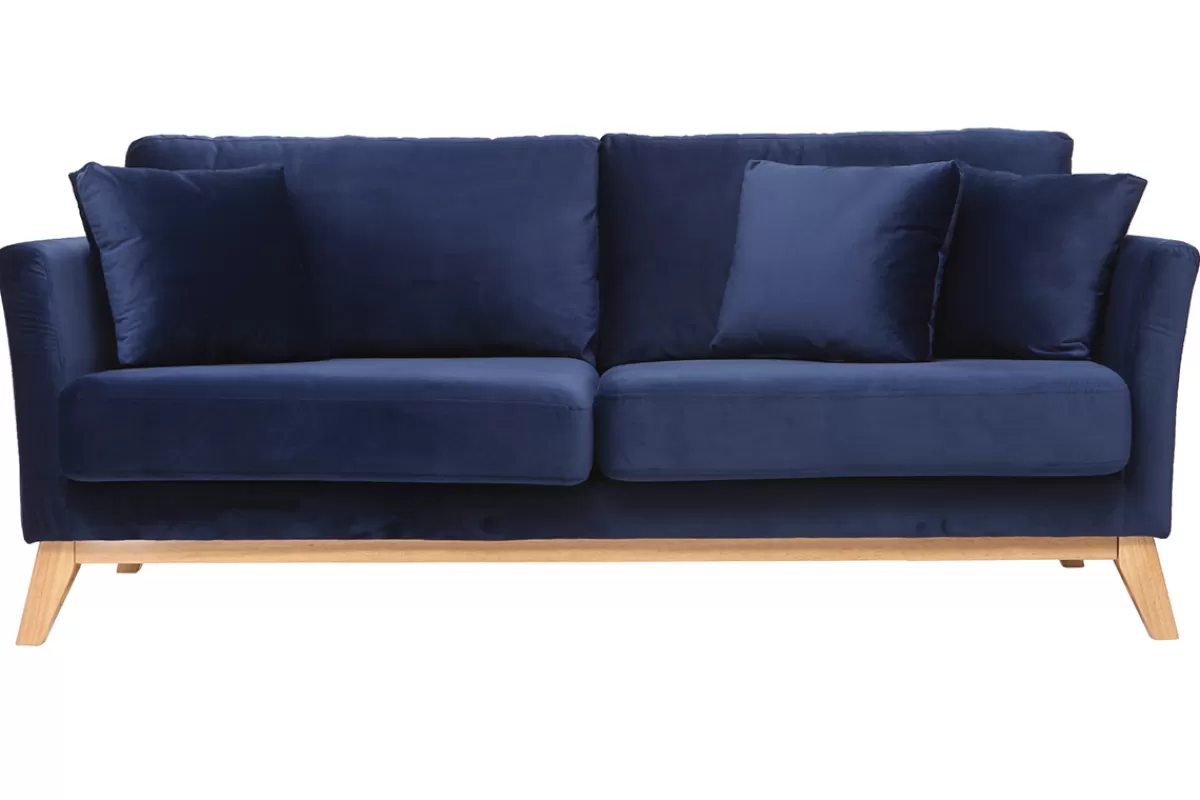 Miliboo Sofá De Diseño-Sofá nórdico 3 plazas terciopelo azul oscuro desenfundable patas madera OSLO