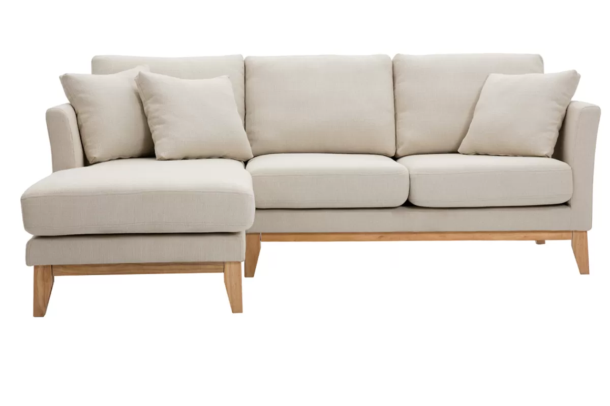 Miliboo Sofá Esquinero-Sofá nórdico con chaise longue a la izquierda en tela beige desenfundable con madera clara 3-4 plazas OSLO