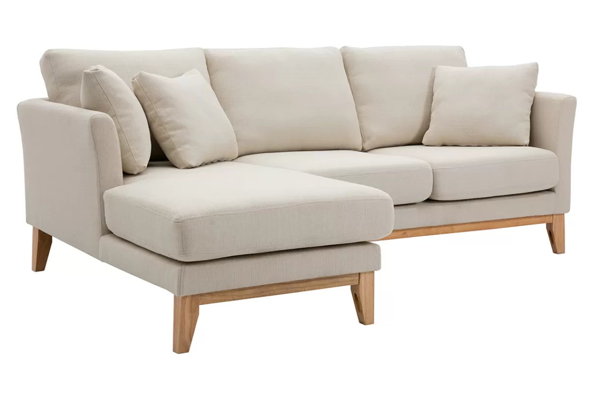 Miliboo Sofá Esquinero-Sofá nórdico con chaise longue a la izquierda en tela beige desenfundable con madera clara 3-4 plazas OSLO