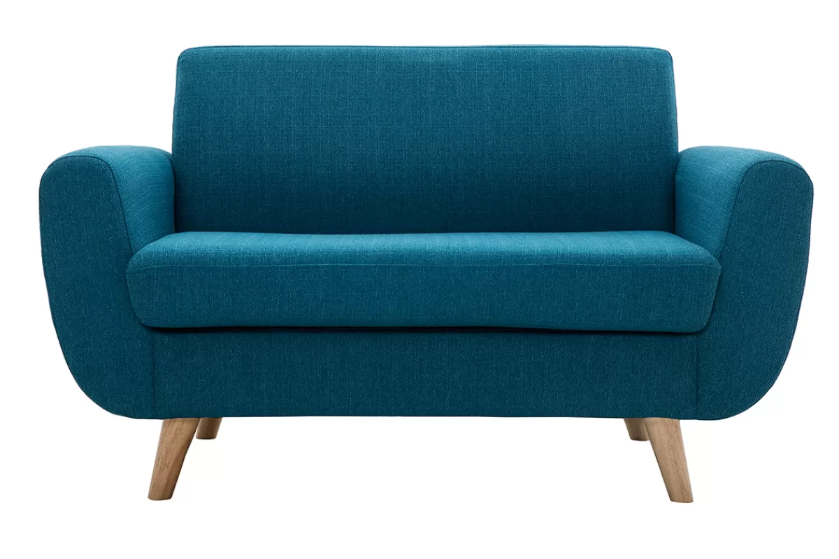 Miliboo Sofá De Diseño-Sofá nórdico 2 plazas azul petróleo y madera de caucho maciza PURE