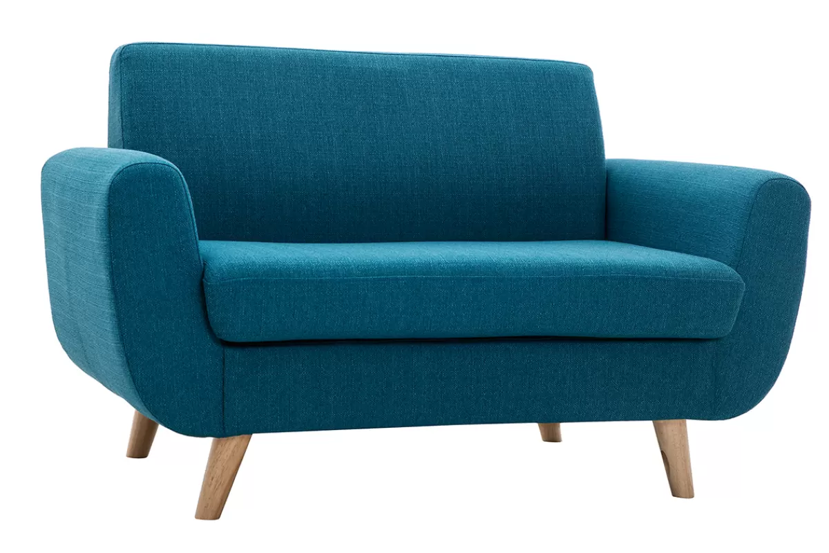 Miliboo Sofá De Diseño-Sofá nórdico 2 plazas azul petróleo y madera de caucho maciza PURE
