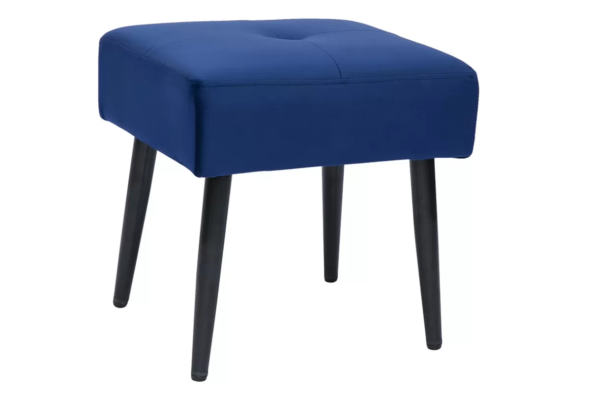 Miliboo Sillas Modernas-Taburete bajo de tejido efecto aterciopelado texturizado azul noche y metal negro 46 cm GUESTA