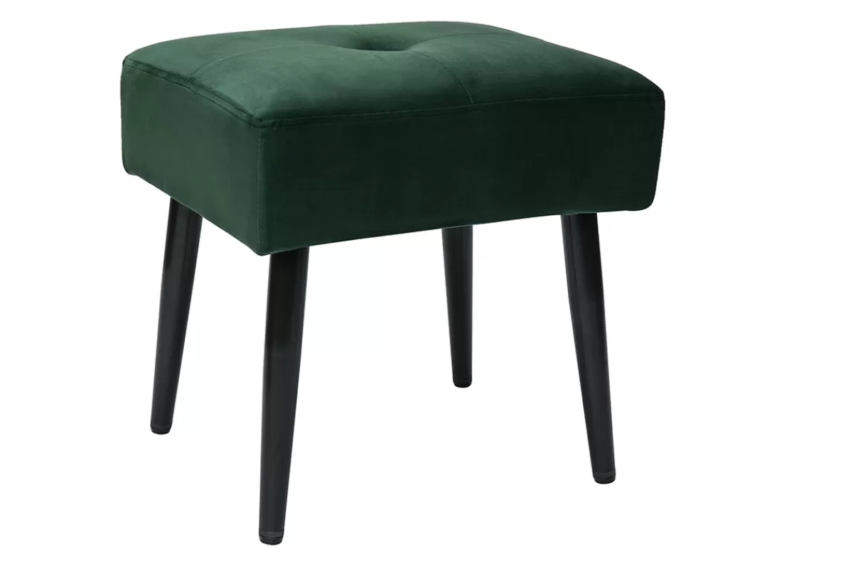 Miliboo Sillas Modernas-Taburete bajo de tejido efecto aterciopelado texturizado verde oscuro y metal negro 46 cm GUESTA