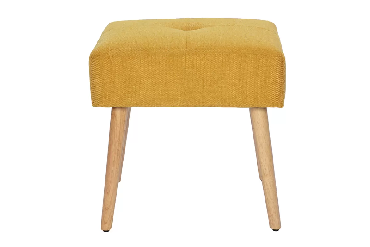 Miliboo Sillas Modernas-Taburete bajo de tela efecto aterciopelado texturizado amarillo mostaza y madera clara maciza 46 cm GUESTA