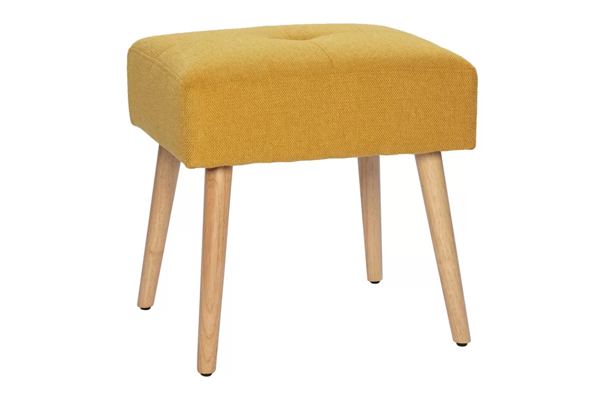 Miliboo Sillas Modernas-Taburete bajo de tela efecto aterciopelado texturizado amarillo mostaza y madera clara maciza 46 cm GUESTA
