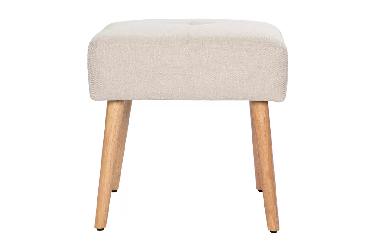 Miliboo Sillas Modernas-Taburete bajo de tela efecto aterciopelado texturizado beige y madera clara maciza 46 cm GUESTA