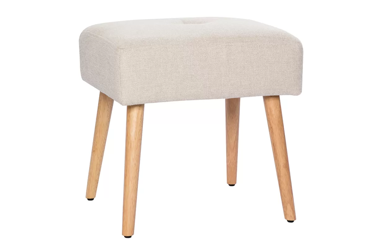 Miliboo Sillas Modernas-Taburete bajo de tela efecto aterciopelado texturizado beige y madera clara maciza 46 cm GUESTA