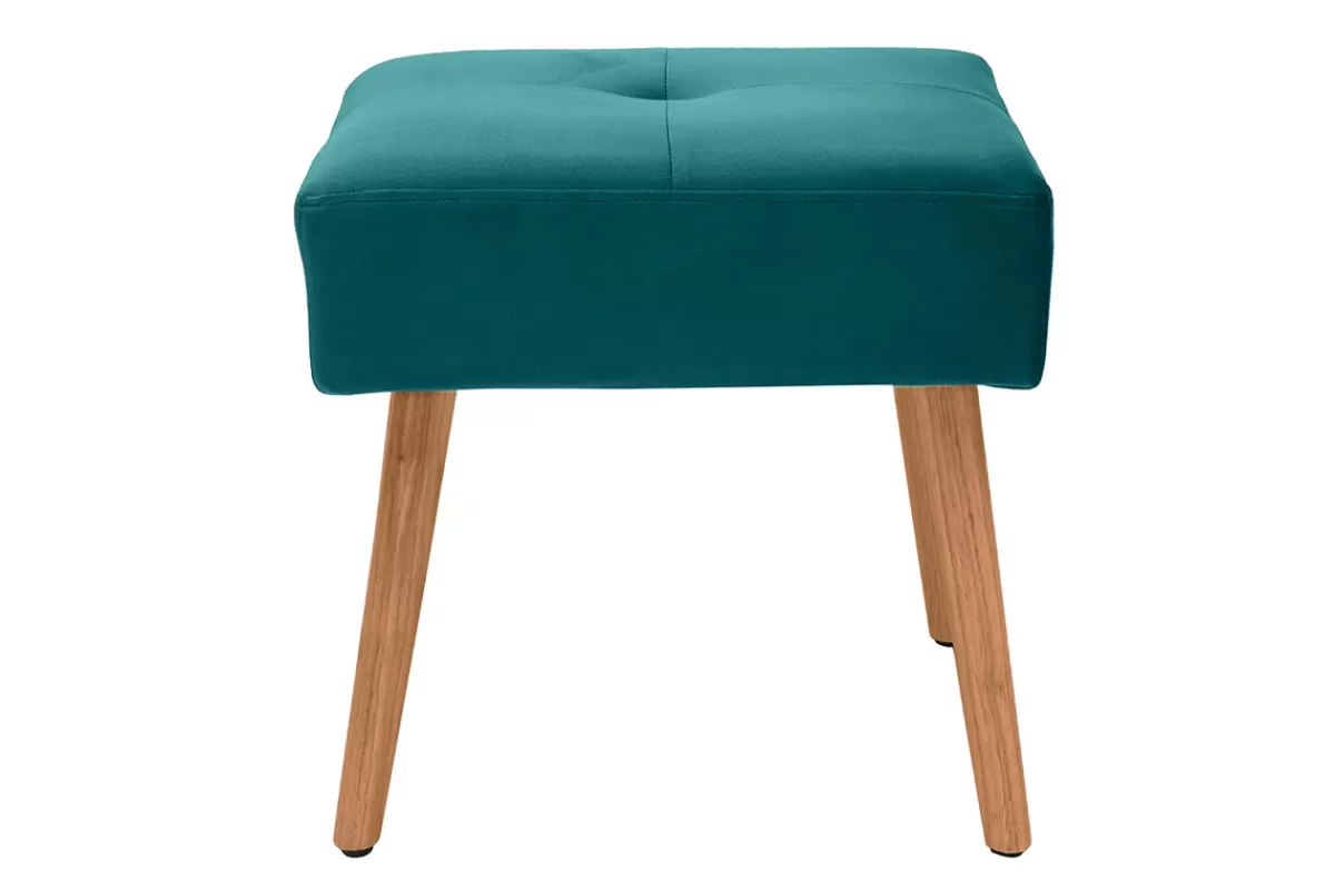 Miliboo Taburetes De Bar-Taburete bajo de terciopelo azul petróleo y madera clara maciza 46 cm GUESTA