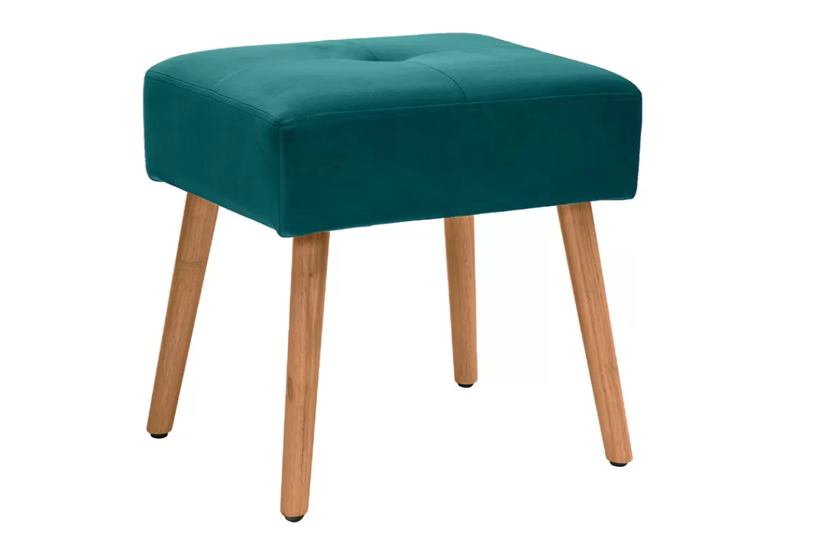 Miliboo Taburetes De Bar-Taburete bajo de terciopelo azul petróleo y madera clara maciza 46 cm GUESTA