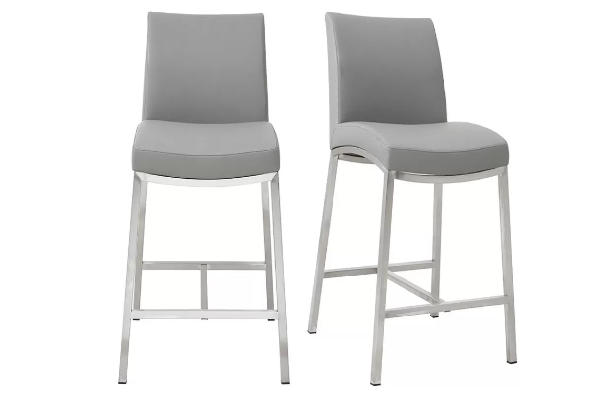Miliboo Taburetes De Bar-Taburete de bar aluminio cepillado PU gris claro 66cm lote de dos OLLY