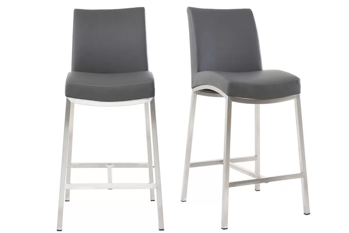 Miliboo Taburetes De Bar-Taburete de bar aluminio cepillado PU gris oscuro 66cm lote de dos OLLY