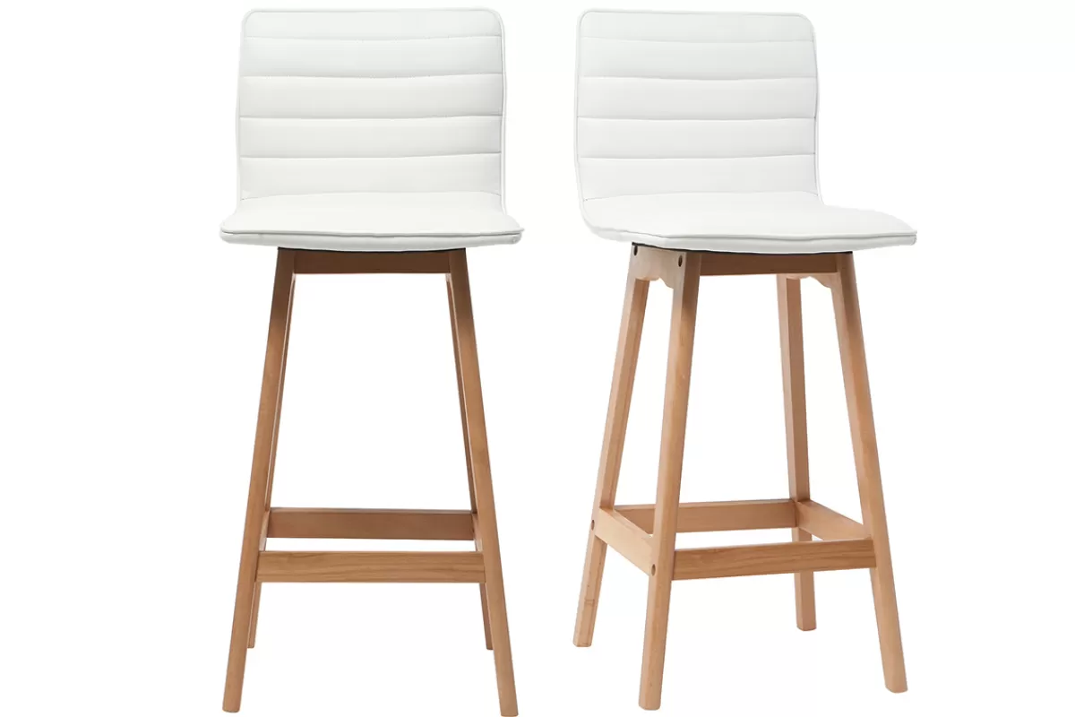 Miliboo Taburetes De Bar-Taburete de bar diseño madera y polipiel blanco 65cm lote de 2 EMMA
