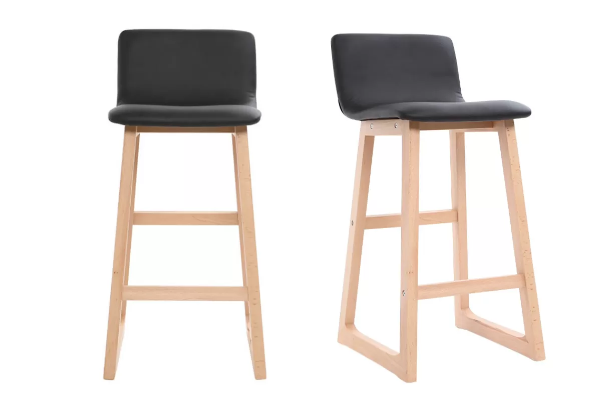 Miliboo Taburetes De Bar-Taburete de bar madera clara y PU negro 65cm lote de 2 OSAKA