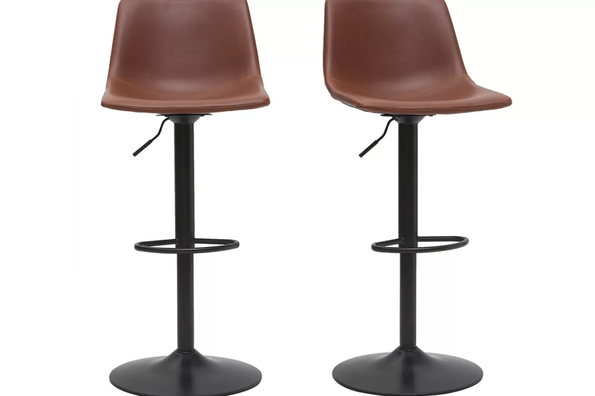 Miliboo Taburetes De Bar-Taburete de bar vintage regulable PU marrón claro 61cm lote de 2 NEW ROCK