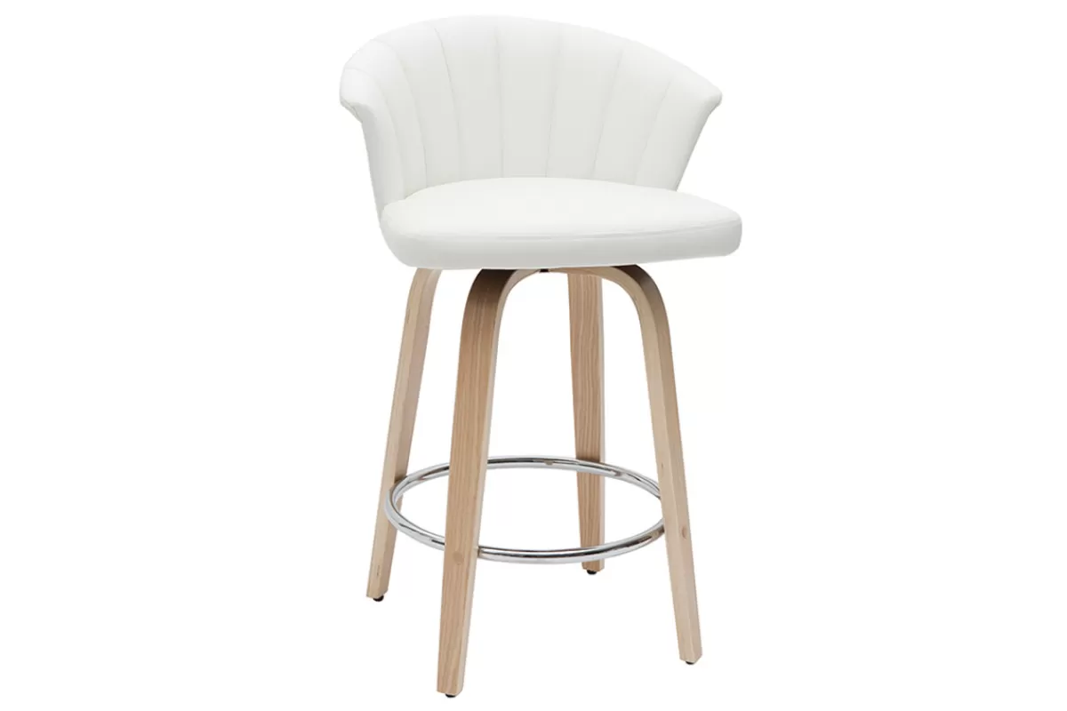 Miliboo Taburetes De Bar-Taburete de cocina de diseño giratorio blanco con madera clara 65 cm ALBIN
