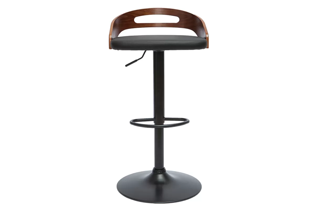 Miliboo Taburetes De Bar-Taburete de cocina de diseño regulable de nogal y poliuretano negro MANO