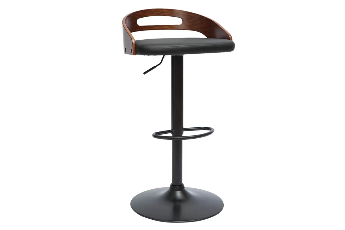 Miliboo Taburetes De Bar-Taburete de cocina de diseño regulable de nogal y poliuretano negro MANO