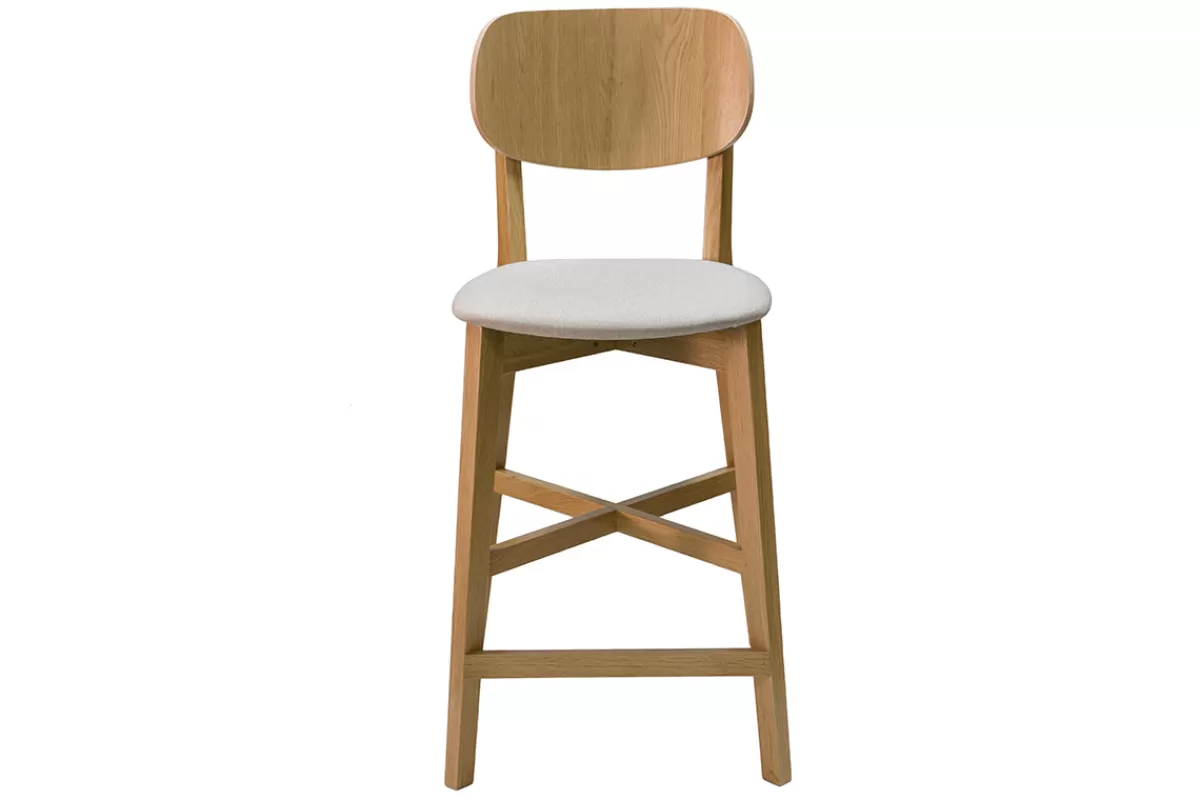 Miliboo Taburetes De Bar-Taburete de cocina de roble macizo y tela beige 65 cm LUCIA