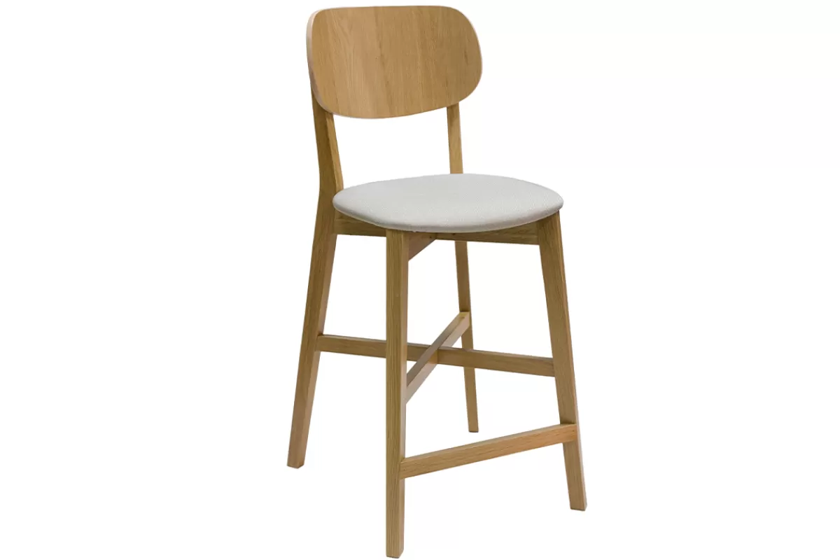 Miliboo Taburetes De Bar-Taburete de cocina de roble macizo y tela beige 65 cm LUCIA
