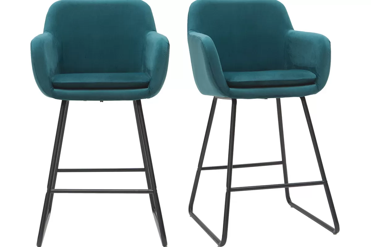 Miliboo Taburetes De Bar-Taburetes de bar en tejido efecto terciopelo azul petróleo A65 cm (lote de 2) AMIKA