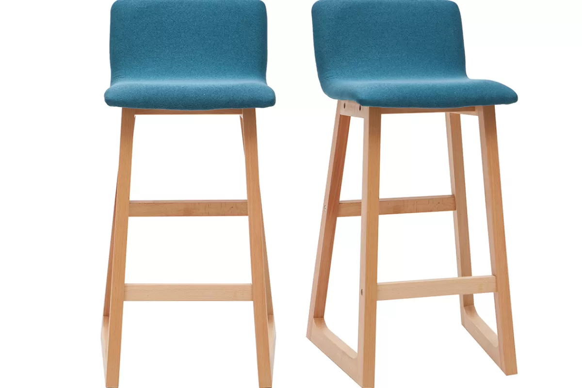 Miliboo Taburetes De Bar-Taburetes de bar madera clara y tejido azul petróleo lote de 2 OSAKA